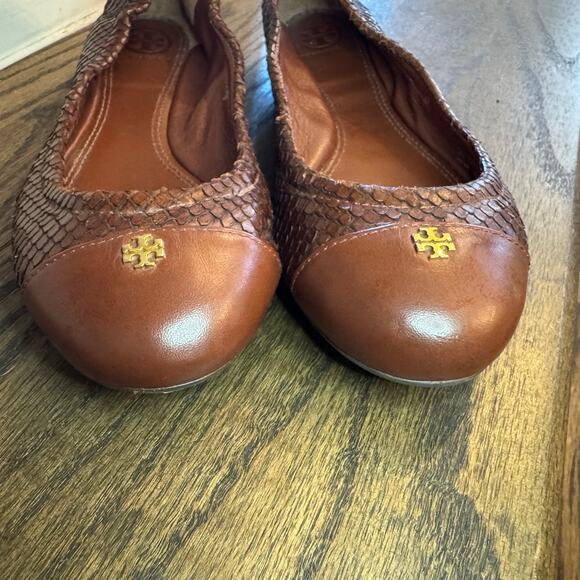 Tory Burch York Brown Leather Python Scale Cap Toe Ballet Flats Size 6 EUC - Picture 2 of 8